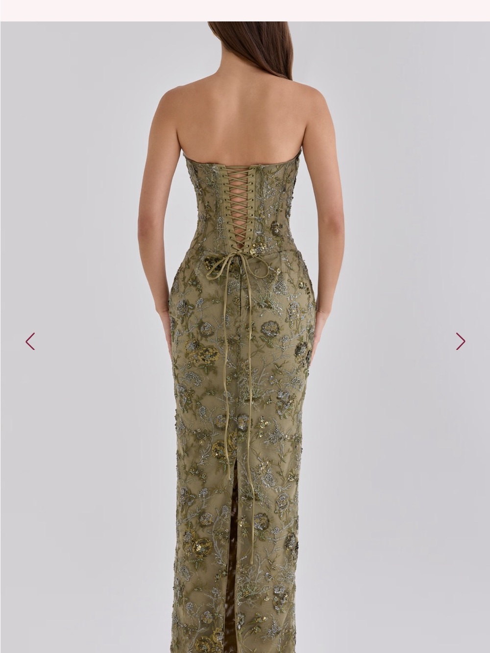 House of CB Olive Embroidered Strapless Lace-Up Maxi Dress